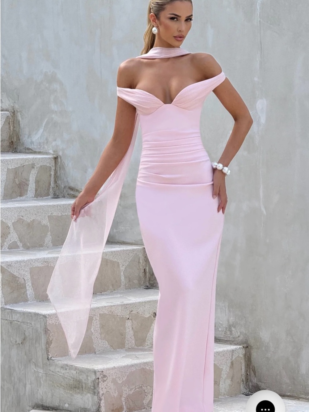 Off-Shoulder Light Pink Maxi Gown with Draped Neck Sash